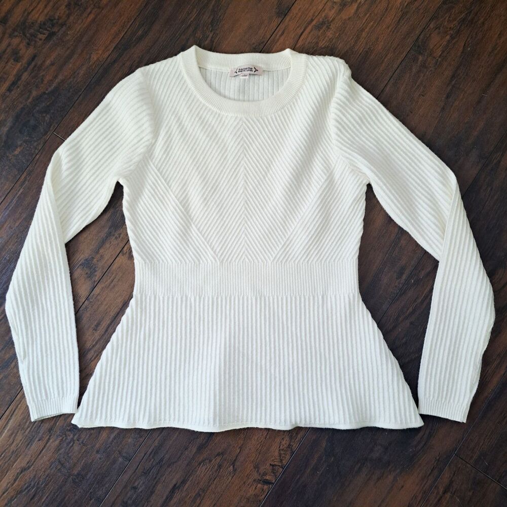 Nanette Lepore Ribbed Peplum Sweater Cream Small Whimsy Coquette Academia Dainty